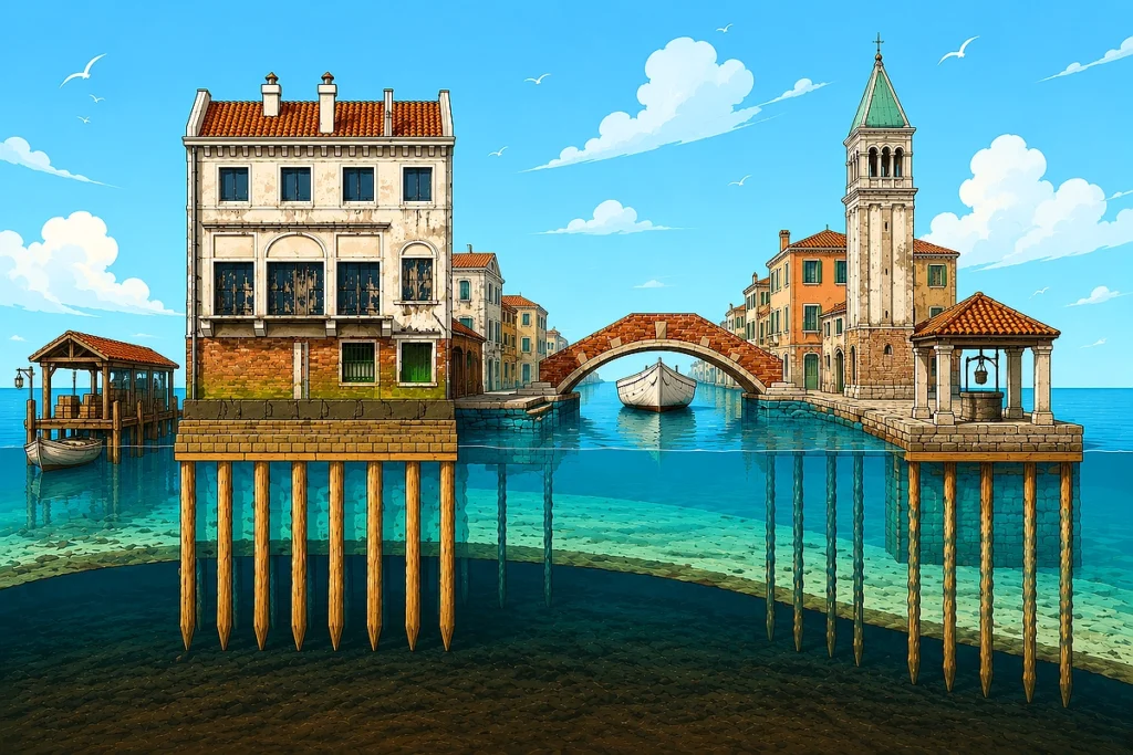 how Venice was created with wooden foundations beneath historic canals