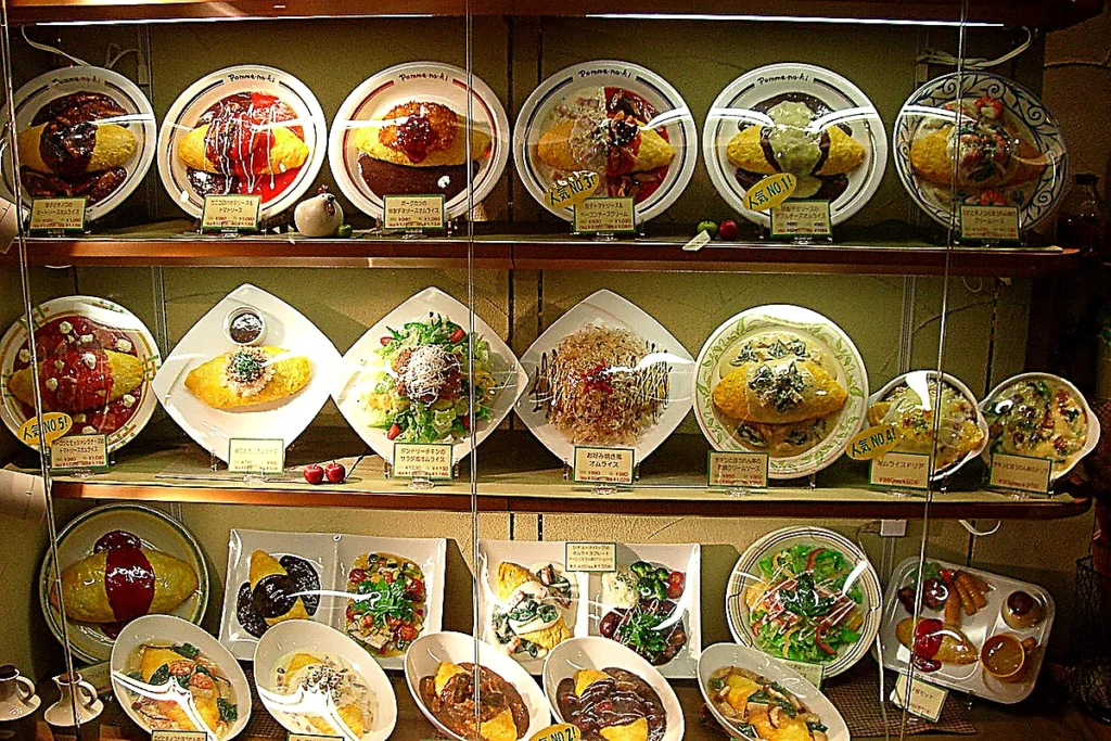 Plastic food replicas outside japanese restaurant