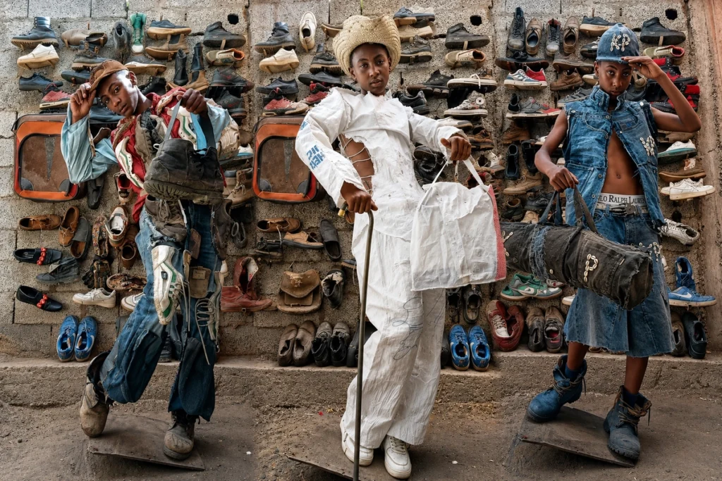 Kalu Putik wearing a fashion outfit made from recycled materials in Ethiopia