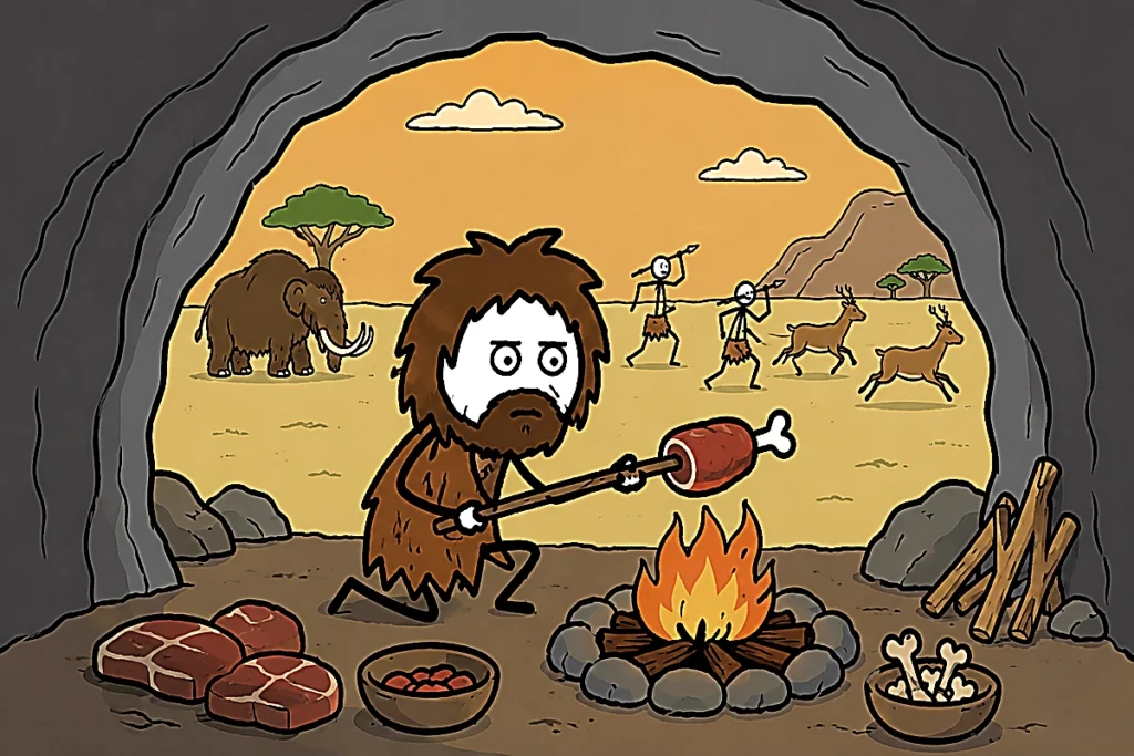 Prehistoric human diet illustration showing early humans cooking meat near a cave fire