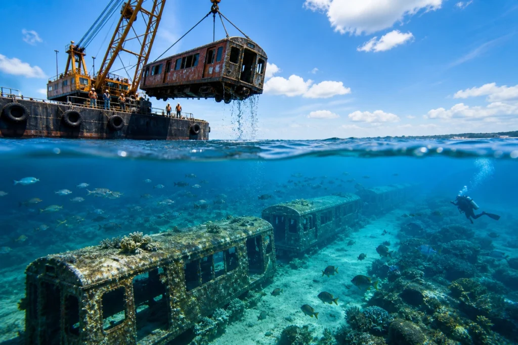Train cars dumped in ocean forming artificial reef with fish and marine life