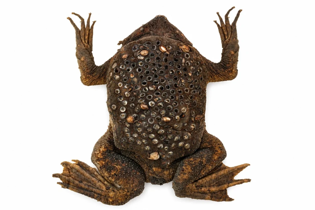A female surinam toad (Pipa pipa) with eggs on its back