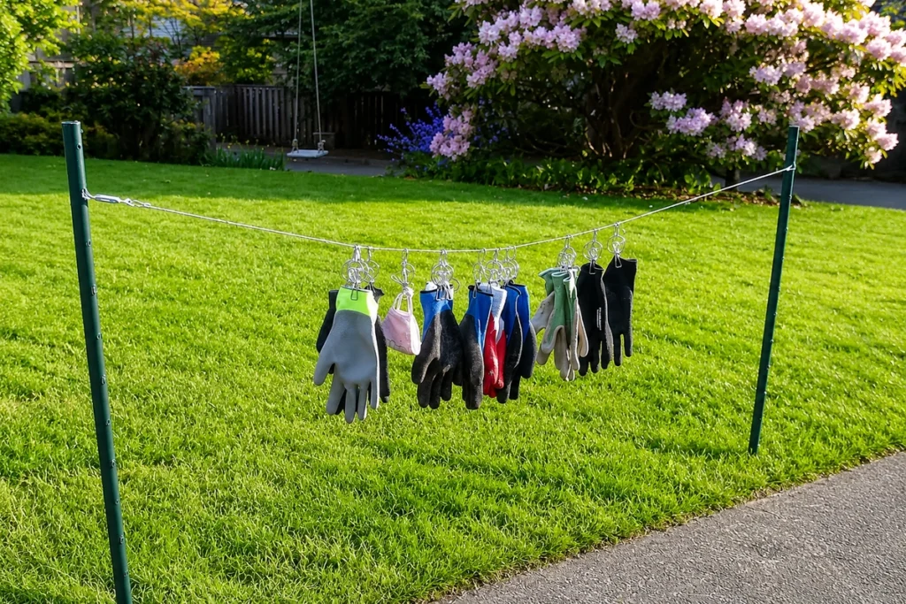 Gloves, masks and other missing items hanging in the yard