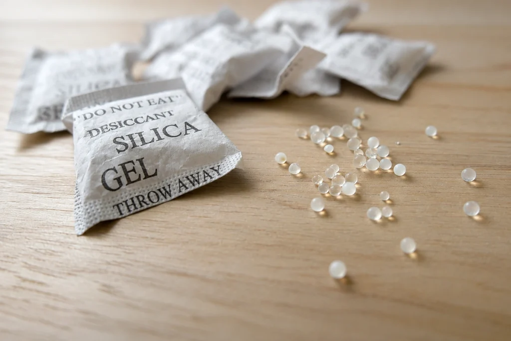 Silica gel packets used to protect electronics and valuables from moisture