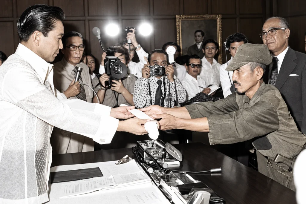 Onoda surrendering his sword to the President of Philippines